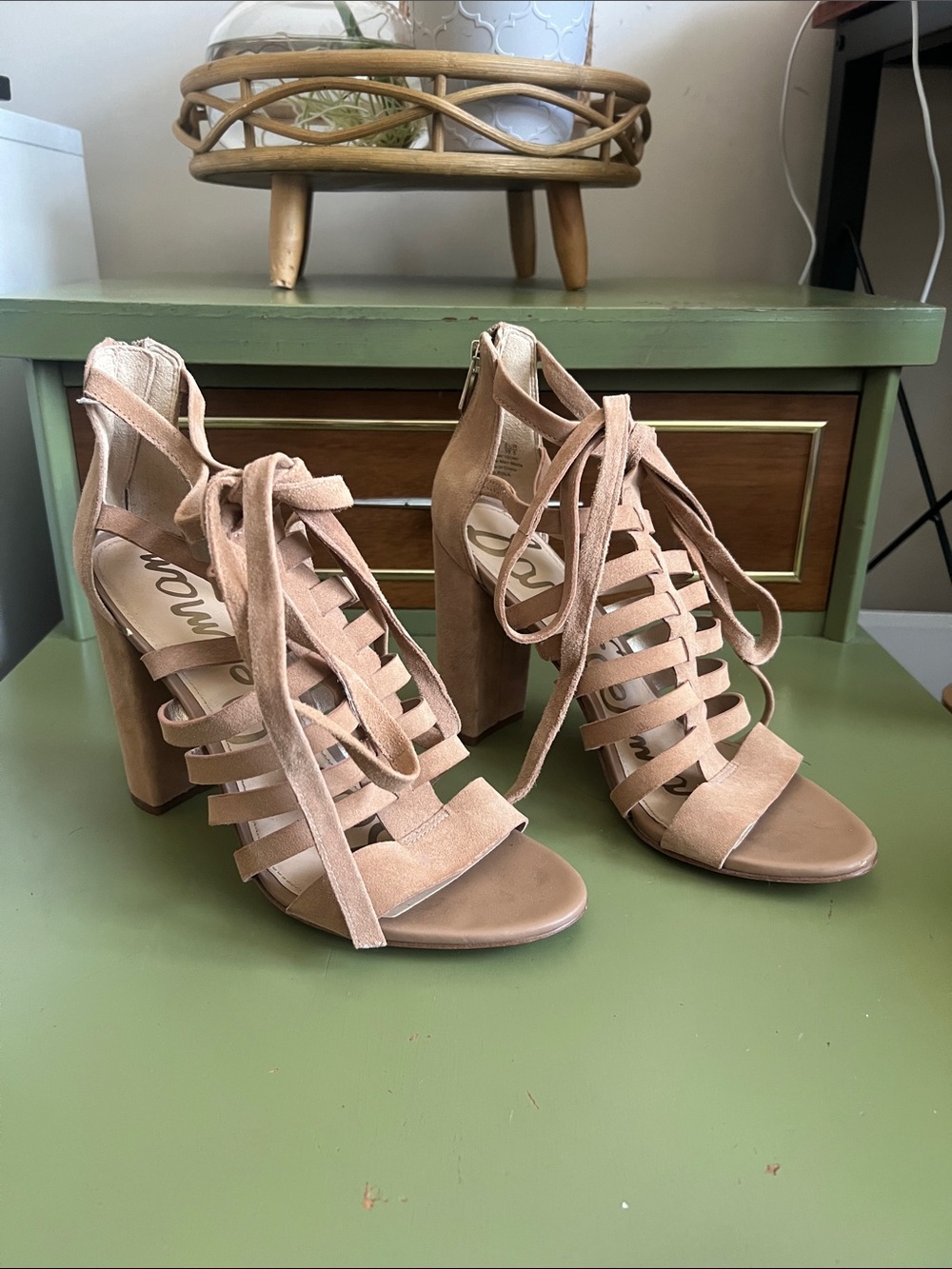 Sam Edelman Tan Suede Lace-Up Strappy High Heels